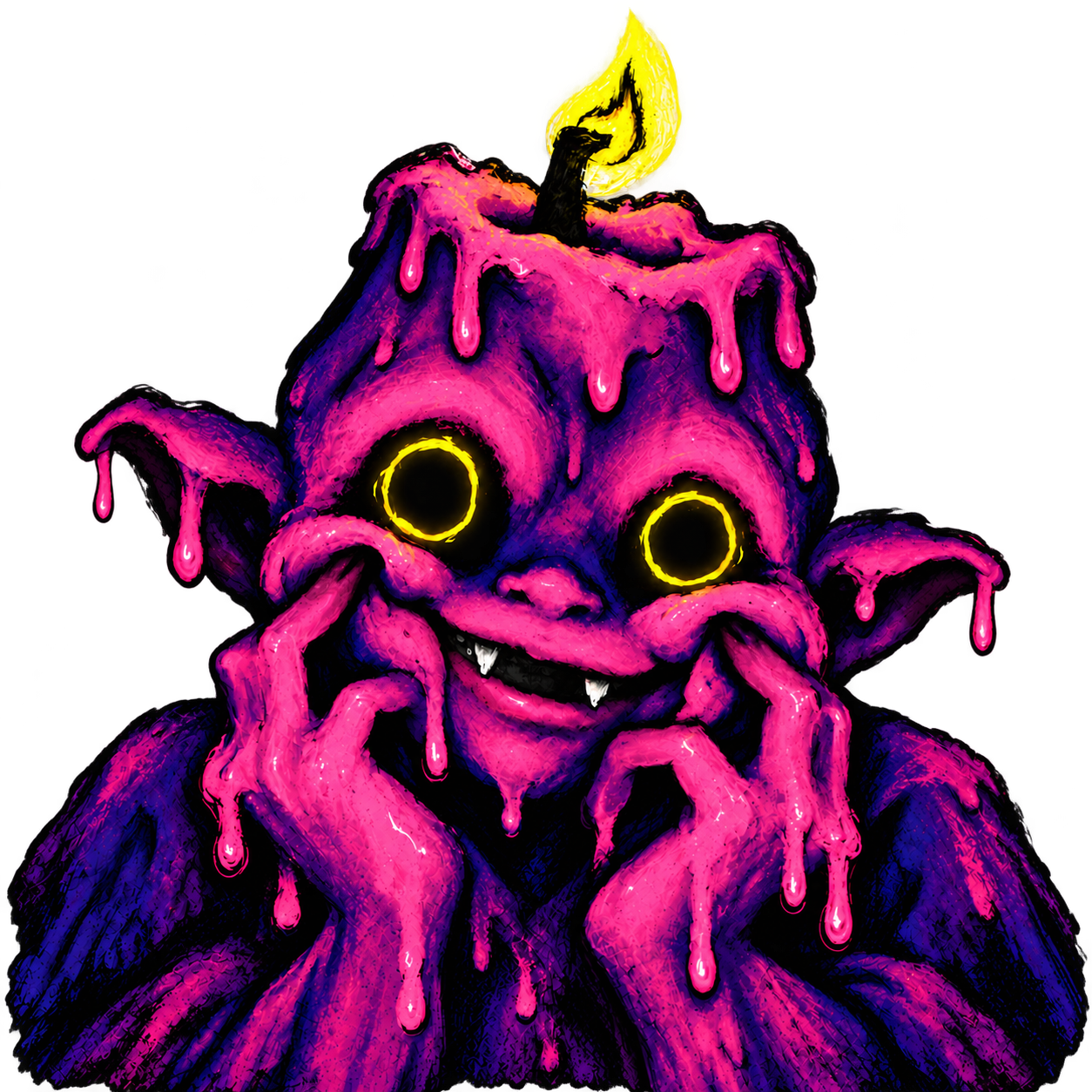 Waxie, a mischievous purple and pink wax creature with glowing yellow eyes and a bright flame